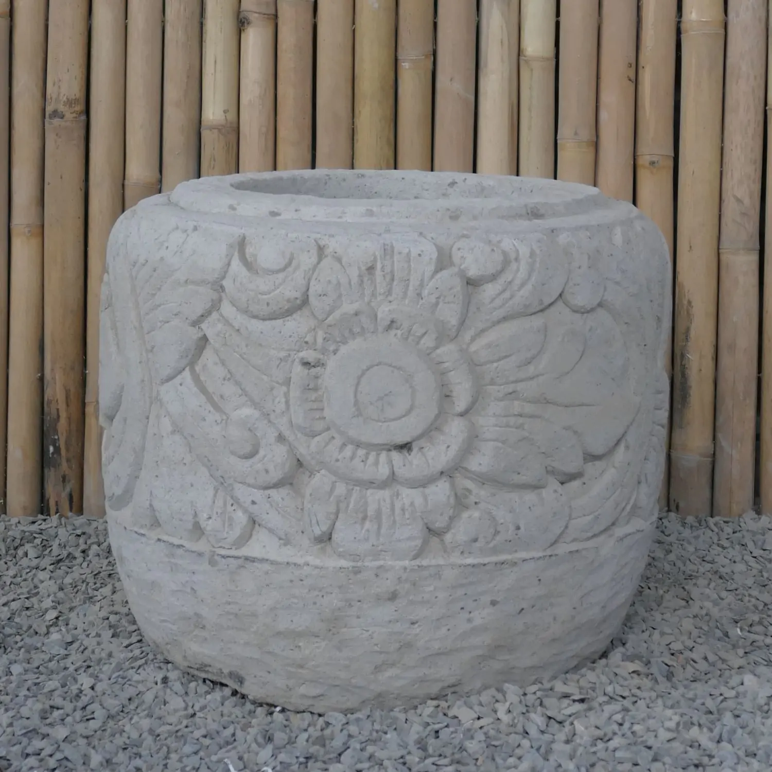  Product image 9 of the product “Balinese style high round pot, with carving - 55cm Dia., 60cm Height, Taro sand ”